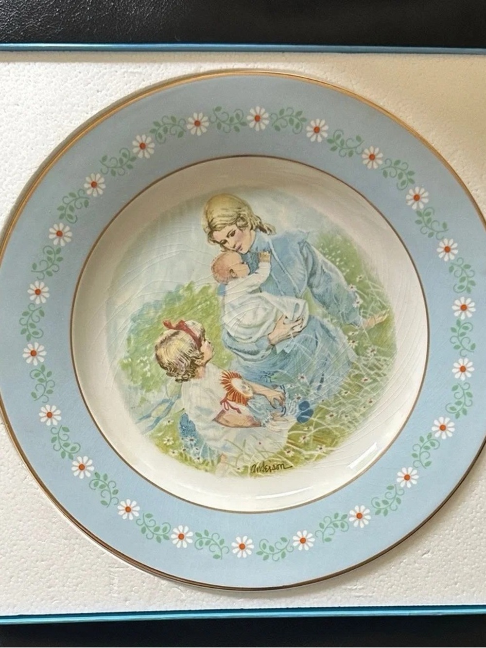 Blue Floral Rim Decorative Collector Plate with Pastoral Illustration